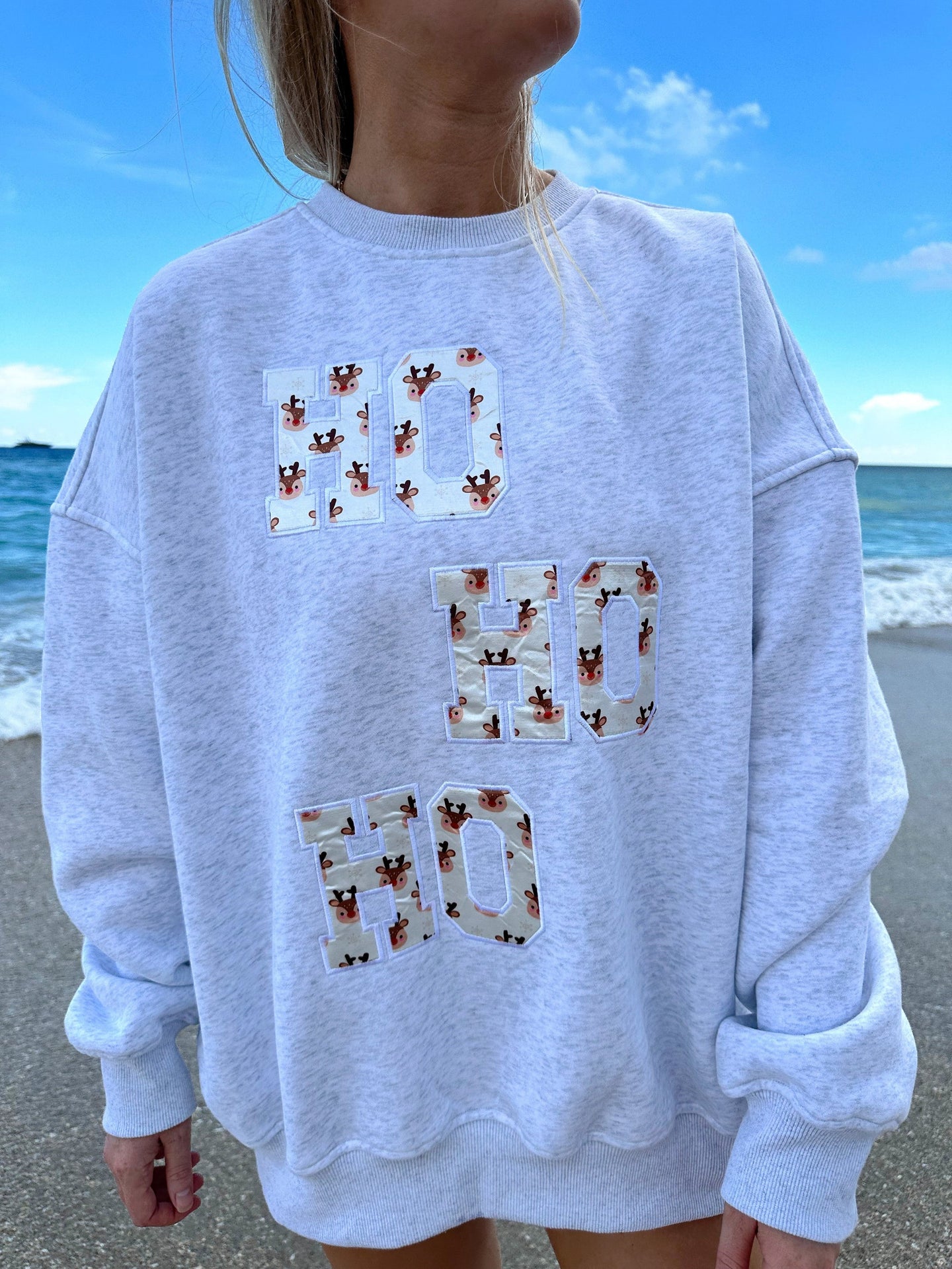 Ho Ho Ho Christmas Embroider Sweatshirt Heather White