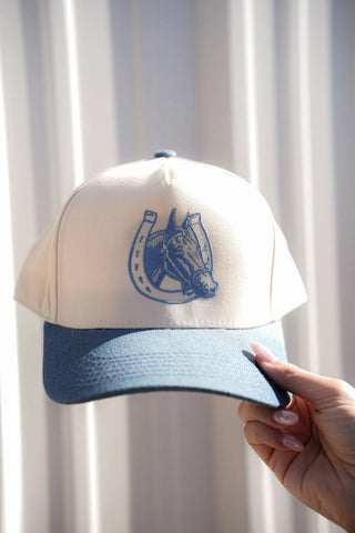 Embroidered Denim Lucky Horse Trucker Hat