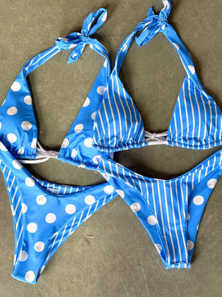 Reversible Blue & White Polka Dot/Striped Bikini Bottoms