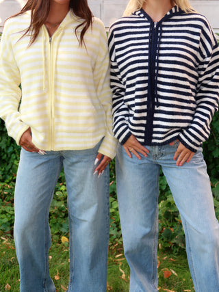 Lemon Striped Hooded Zip-Up Sweater