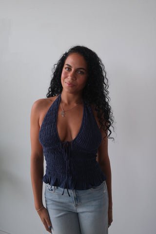 Navy V-Neck Tie Halter Top