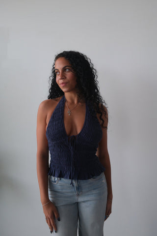 Navy V-Neck Tie Halter Top