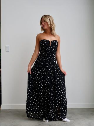 Beverly Ruched Strapless Chiffon Maxi Dress - Black/White Polka Dot