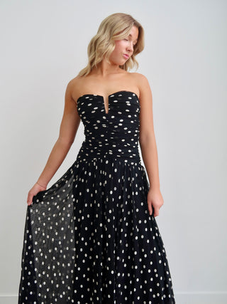 Beverly Ruched Strapless Chiffon Maxi Dress - Black/White Polka Dot