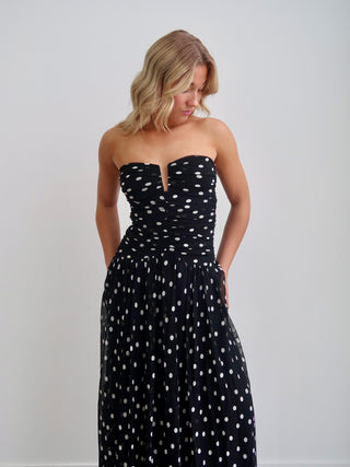 Beverly Ruched Strapless Chiffon Maxi Dress - Black/White Polka Dot