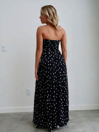 Beverly Ruched Strapless Chiffon Maxi Dress - Black/White Polka Dot