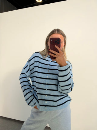 Light Blue & Navy Striped Cardigan Sweater