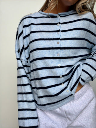 Light Blue & Navy Striped Cardigan Sweater