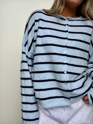 Light Blue & Navy Striped Cardigan Sweater