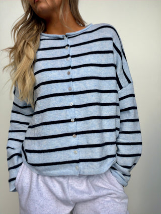 Light Blue & Navy Striped Cardigan Sweater