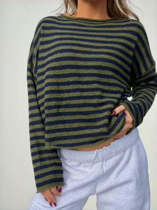 Olive Green & Navy Striped Sweater