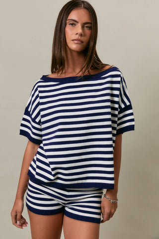 Oversized Short Sleeve Sweater Top - White/Navy