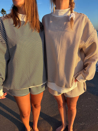 Brown and White Big Striped Mockneck Sweatshirt