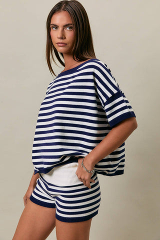 Oversized Short Sleeve Sweater Top - White/Navy